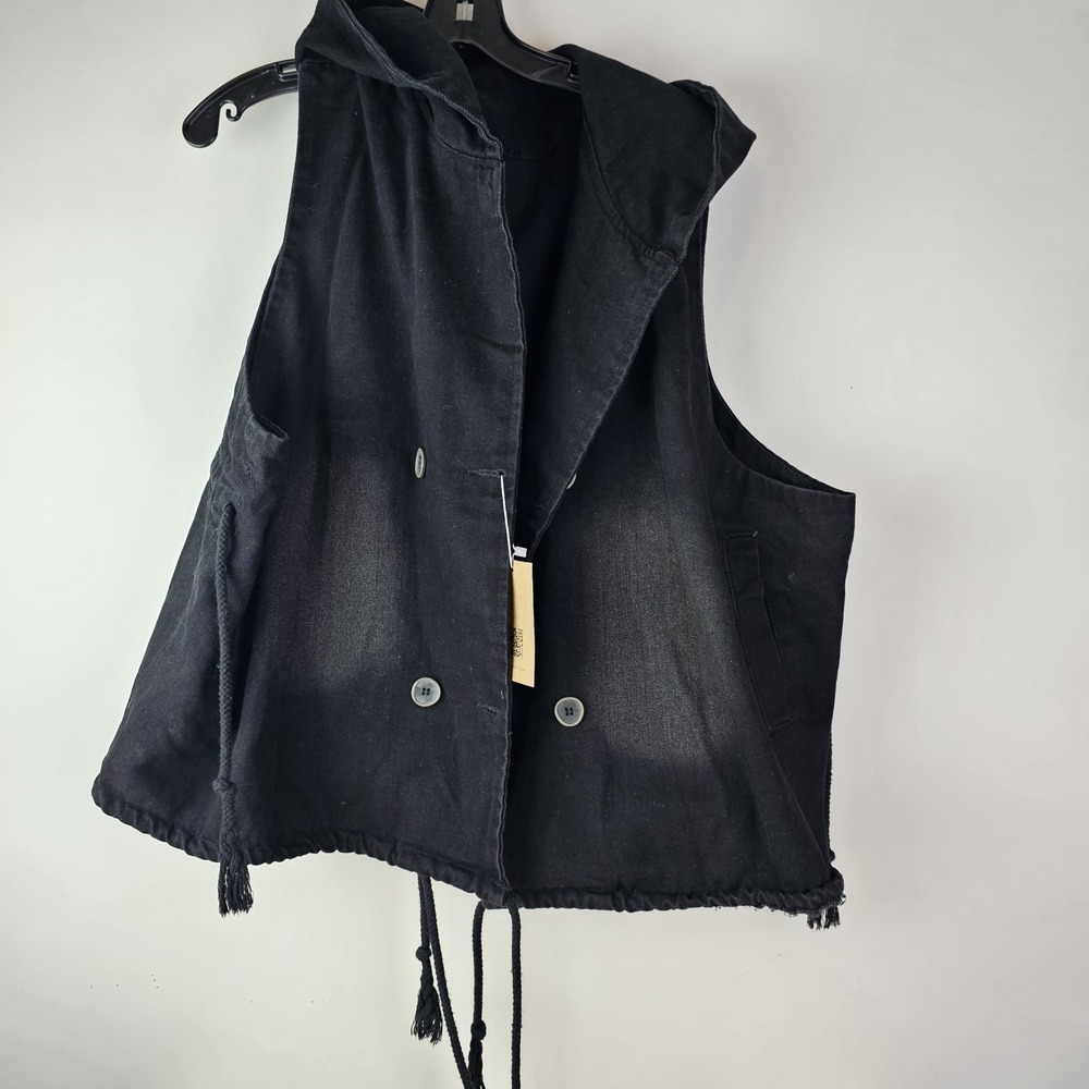 Soo Linen Black  Sleeveless Tie Button Vest Jacket Minimalist Lagenlook Gorpcore